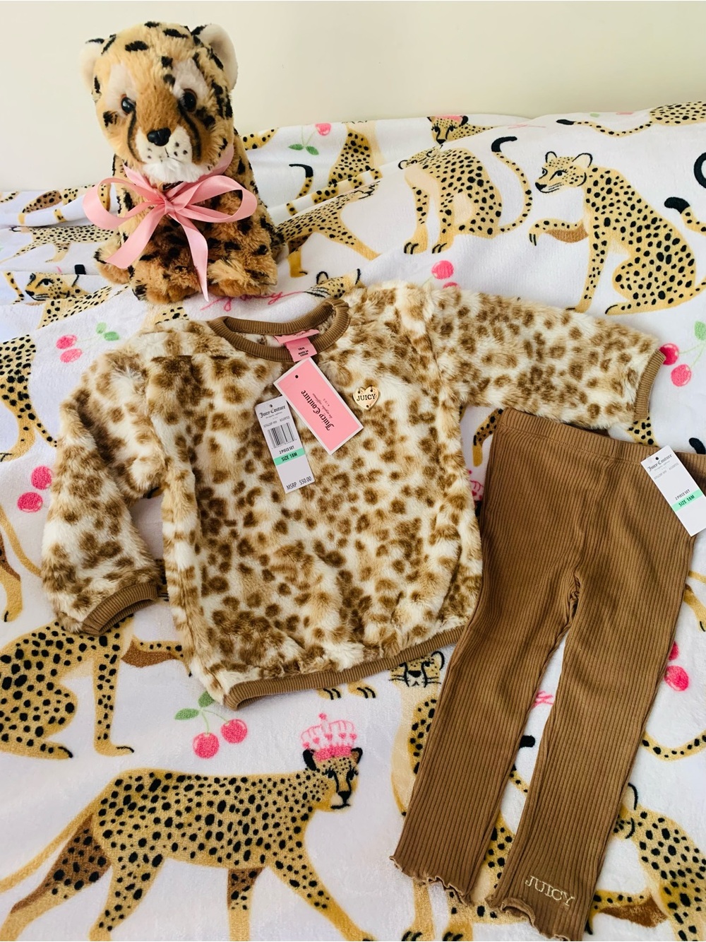Juicy Couture Baby Girls Faux Fur Leopard Outfit Animal Print Brown 18 M NWT